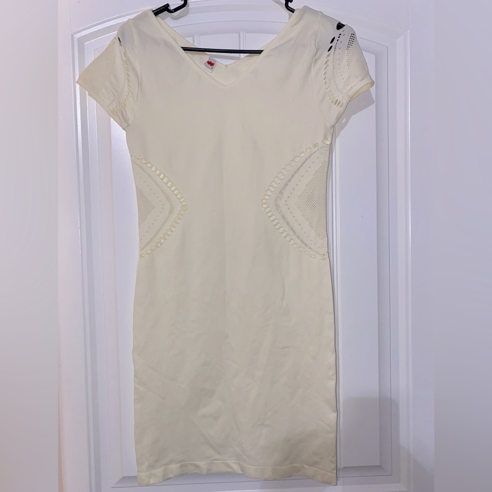 Bodycon pencil mini short dress stretchy cream beige